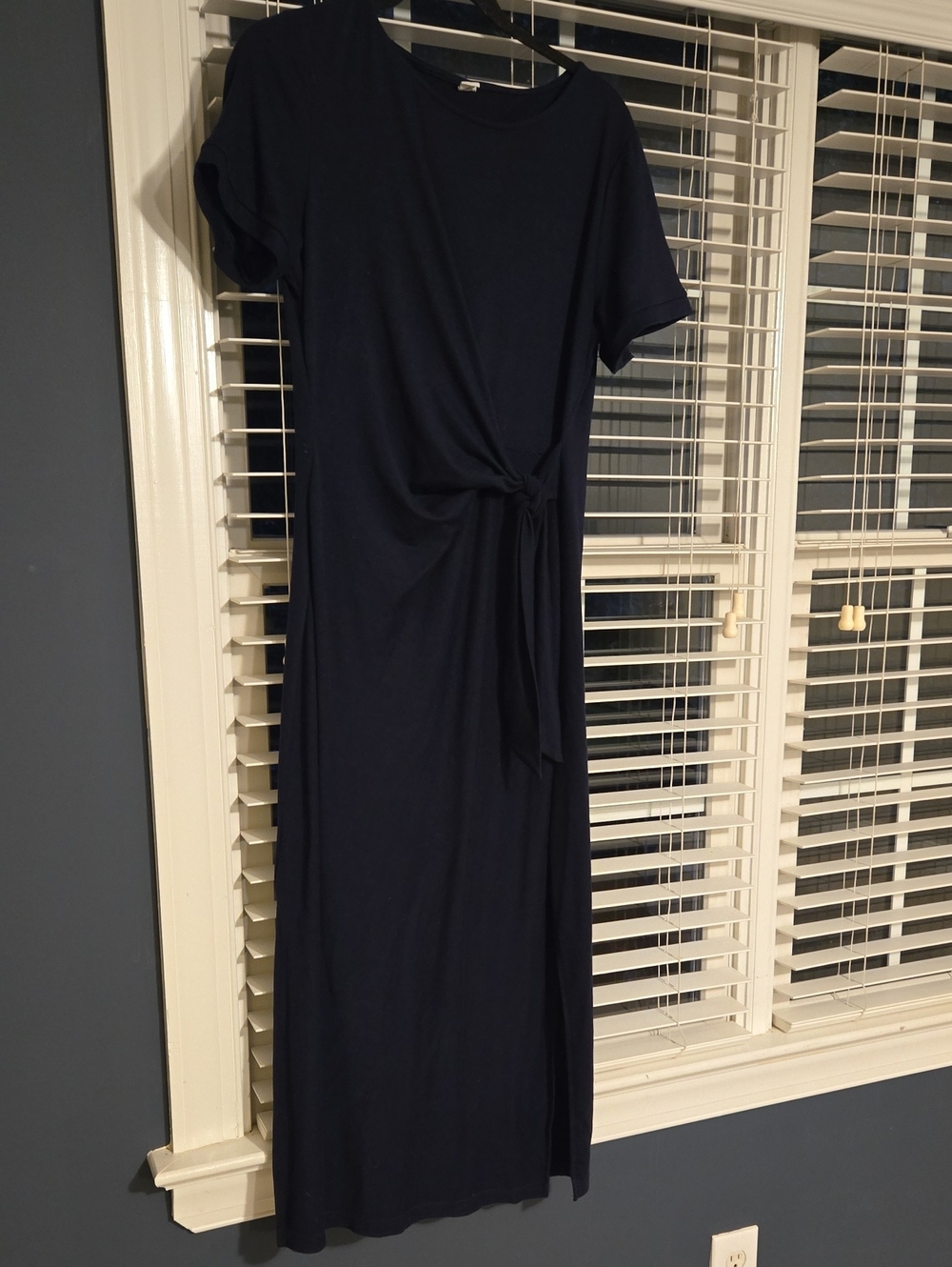 Navy Tie-Waist Short Sleeve Maxi Dress